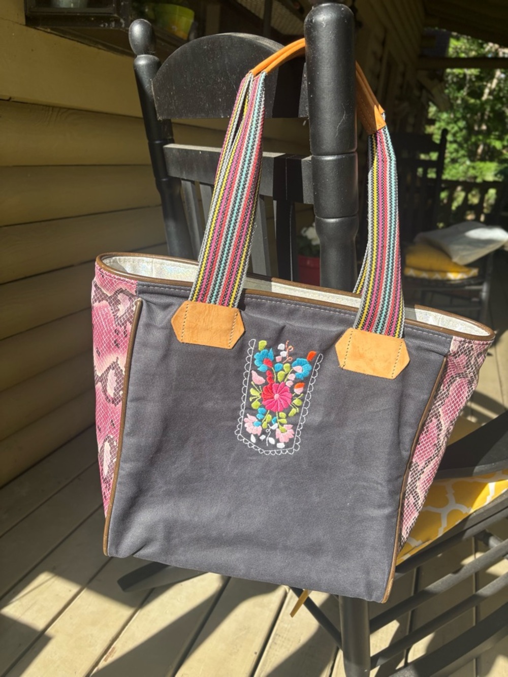 Embroidered Gray Tote with Pink Snake-Print Sides and Striped Handles
